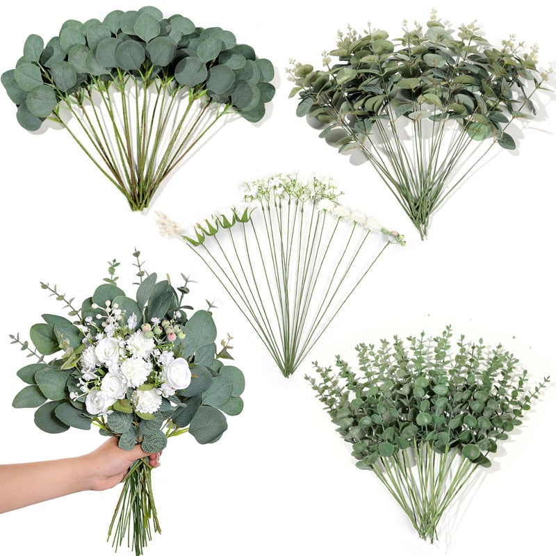 YXZZWL 110 Pcs 7 Kinds Mixed Artificial Eucalyptus Stems and Faux Flowers,Fake Silver Dollar Eucalyptus Leaves Stems Bulk Real Touch Leaf Branches for DIY Bouquets Floral Arrangement Wedding Home Decor - Image 1
