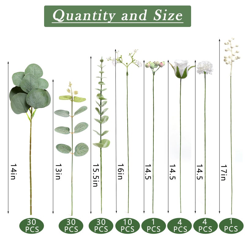 YXZZWL 110 Pcs 7 Kinds Mixed Artificial Eucalyptus Stems and Faux Flowers,Fake Silver Dollar Eucalyptus Leaves Stems Bulk Real Touch Leaf Branches for DIY Bouquets Floral Arrangement Wedding Home Decor - Image 5