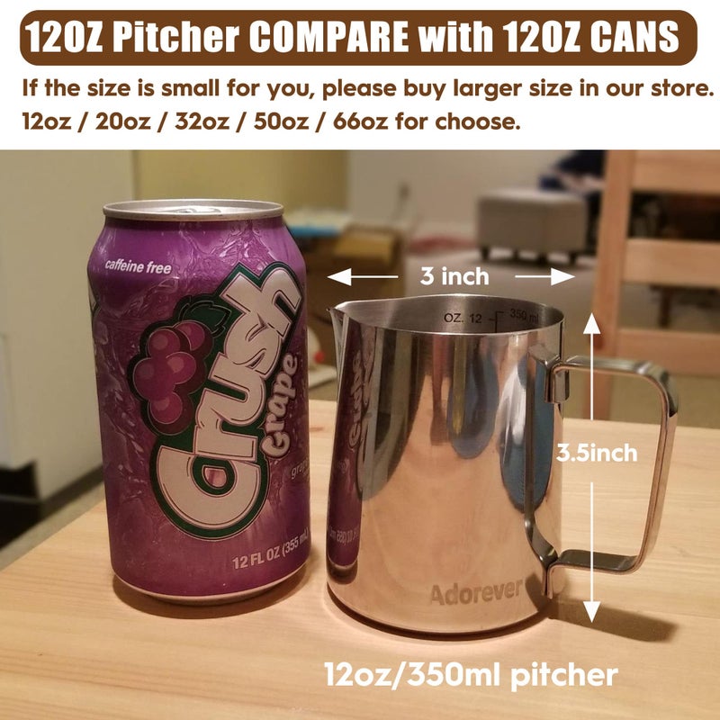 Adorever وعاء رغوة الحليب 350 مل/600 مل/900 مل/1500 مل (12 أونصة/20 أونصة/32 أونصة/50 أونصة) وعاء بخار من الفولاذ المقاوم للصدأ للحليب/القهوة/الكابتشينو/فن اللاتيه بارستا وعاء بخار وعاء الحليب مع قلم فن، 12 أونصة - Image 4