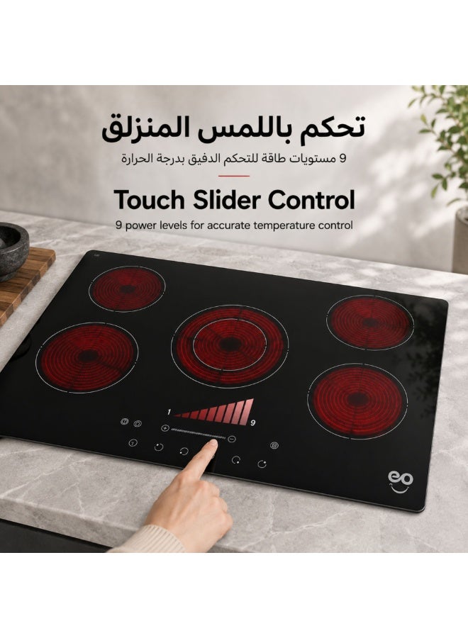 eo essentials online EO 90cm Built-In Electric Ceramic Cooktop, 5 Burners, 8200W, Touch Slider Control, Black Ceramic Glass, Child Lock, Residual Heat Indicator, 99-Min Timer, 9 Power Levels, 220-240V - Image 3