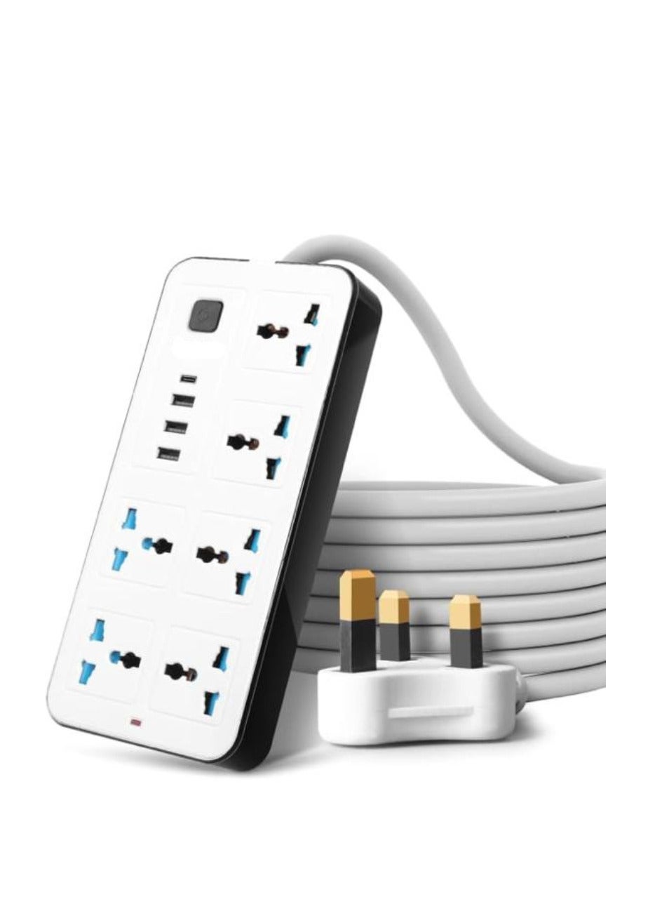 British Standard 2 meters Universal Extension Lead with Multiple Function Plug 3 Pin Socket Outlet with 6 Gang 3 USB Port 1 Type-C Port 2M Electric Socket Mains Strip for Home and Office Applications/White