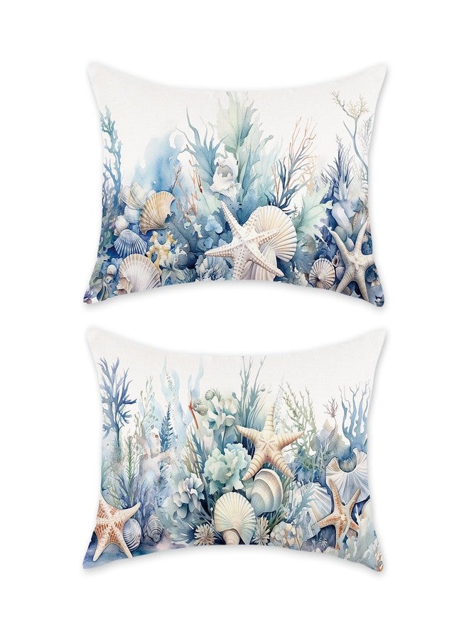 TAJWE Nautical Coastal Beach Summer Throw Pillow Covers 12x20 Set of 2 Ocean Seashell Starfish Coral Decorative Pillowcases Farmhouse Seasonal Lumbar Cushion Cases for Sofa Couch Porch Home Decor - Image 1