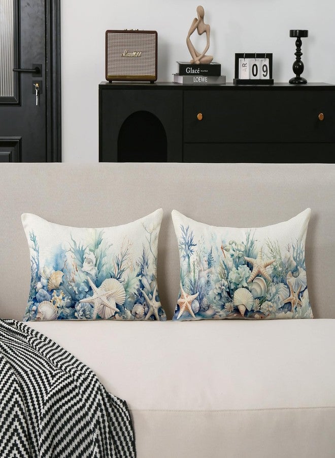 TAJWE Nautical Coastal Beach Summer Throw Pillow Covers 12x20 Set of 2 Ocean Seashell Starfish Coral Decorative Pillowcases Farmhouse Seasonal Lumbar Cushion Cases for Sofa Couch Porch Home Decor - Image 2