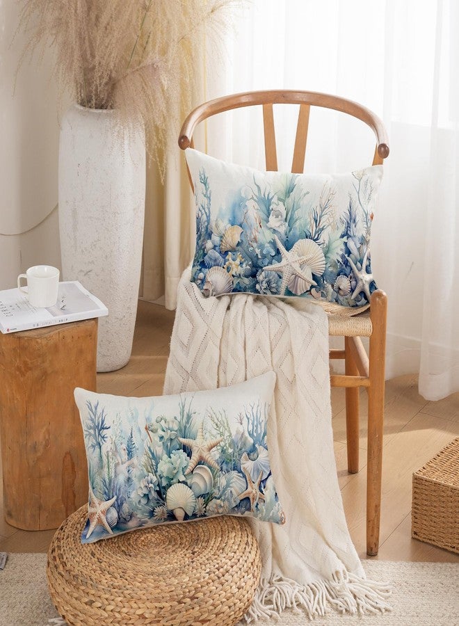 TAJWE Nautical Coastal Beach Summer Throw Pillow Covers 12x20 Set of 2 Ocean Seashell Starfish Coral Decorative Pillowcases Farmhouse Seasonal Lumbar Cushion Cases for Sofa Couch Porch Home Decor - Image 4