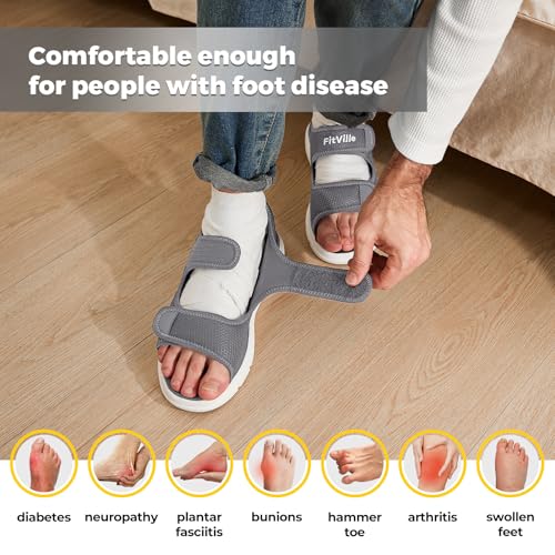 FitVille Diabetic Sandals for Men Wide Width with Arch Support, Men Diabetic Sandals Adjustable (Grey, 9.5W) - Image 3