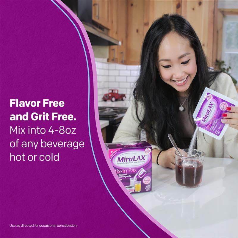 MiraLAX Gentle Constipation Relief Laxative Powder, Stool Softener with PEG 3350, No Harsh Side Effects, Single Dose Mix-In Pax with Mixing Stirrers, Travel Pack, 10 Dose - Image 4
