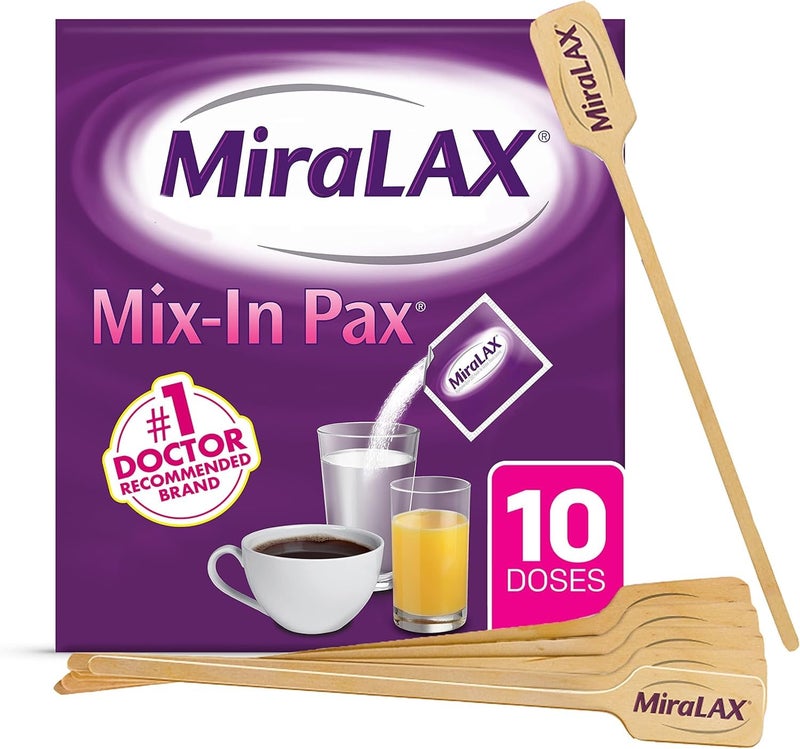 MiraLAX Gentle Constipation Relief Laxative Powder, Stool Softener with PEG 3350, No Harsh Side Effects, Single Dose Mix-In Pax with Mixing Stirrers, Travel Pack, 10 Dose - Image 1