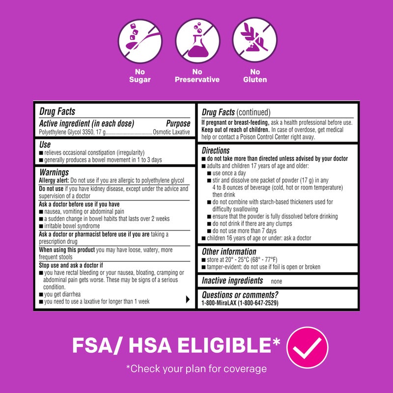MiraLAX Gentle Constipation Relief Laxative Powder, Stool Softener with PEG 3350, No Harsh Side Effects, Single Dose Mix-In Pax with Mixing Stirrers, Travel Pack, 10 Dose - Image 5