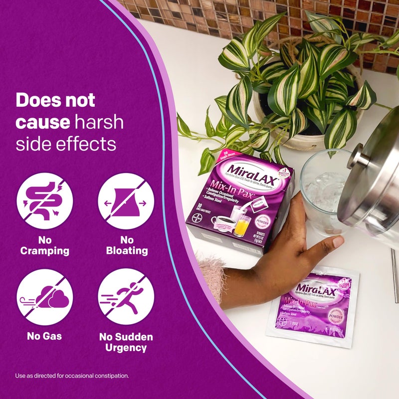 MiraLAX Gentle Constipation Relief Laxative Powder, Stool Softener with PEG 3350, No Harsh Side Effects, Single Dose Mix-In Pax with Mixing Stirrers, Travel Pack, 10 Dose - Image 2