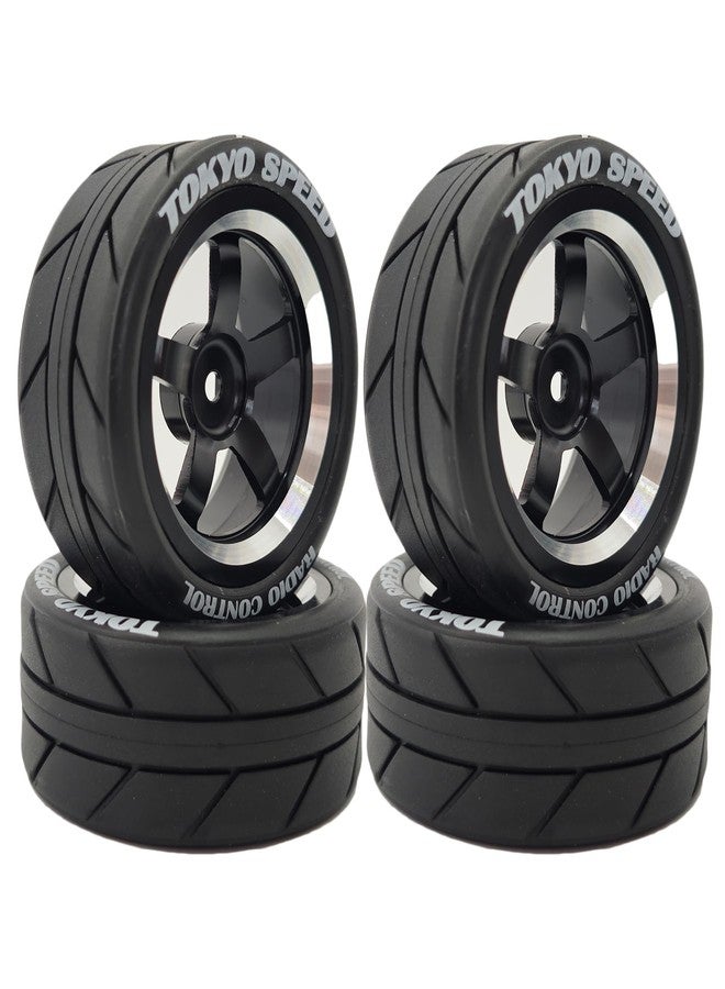 Chanjorlin 1/10 On Road Racing Tires and 5-Spoke Aluminum Wheels 12mm Hex OD 2.56" RC Touring Tyres for 1:10 Rally Street Drift Car Tamiya TT01 TT02 XV01 A959 PTG2 KYOSHO HSP Traxxas 4PCS (Black) - Image 1
