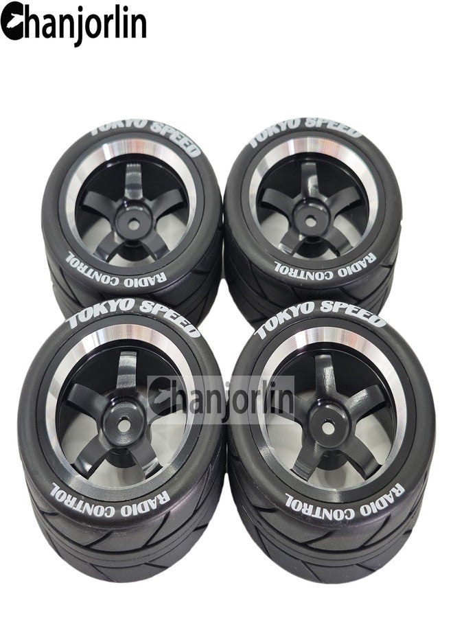 Chanjorlin 1/10 On Road Racing Tires and 5-Spoke Aluminum Wheels 12mm Hex OD 2.56" RC Touring Tyres for 1:10 Rally Street Drift Car Tamiya TT01 TT02 XV01 A959 PTG2 KYOSHO HSP Traxxas 4PCS (Black) - Image 4