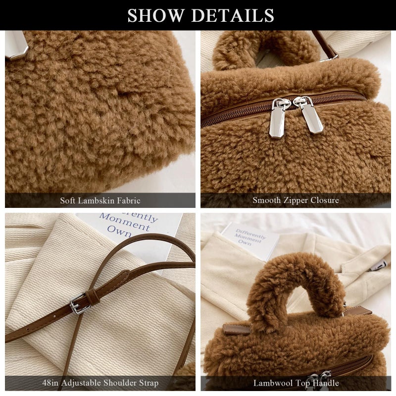 Extolove Furry Purse for Women Faux Fur Bag Cute Lambswool Fuzzy Crossbody Bags Top-Handle Fluffy Handbag (B Brown) - Image 5