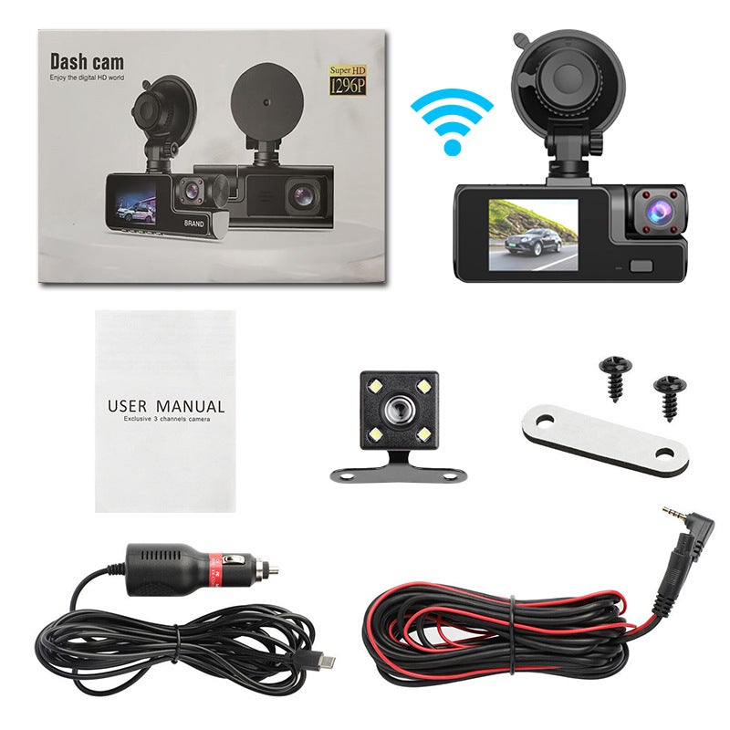 C309 Three-Lens Dash Cam With Wifi, Mobile Phone Connectivity, High-Definition Triple Recording, Front, Interior, And Rear Loop Recording - Image 1