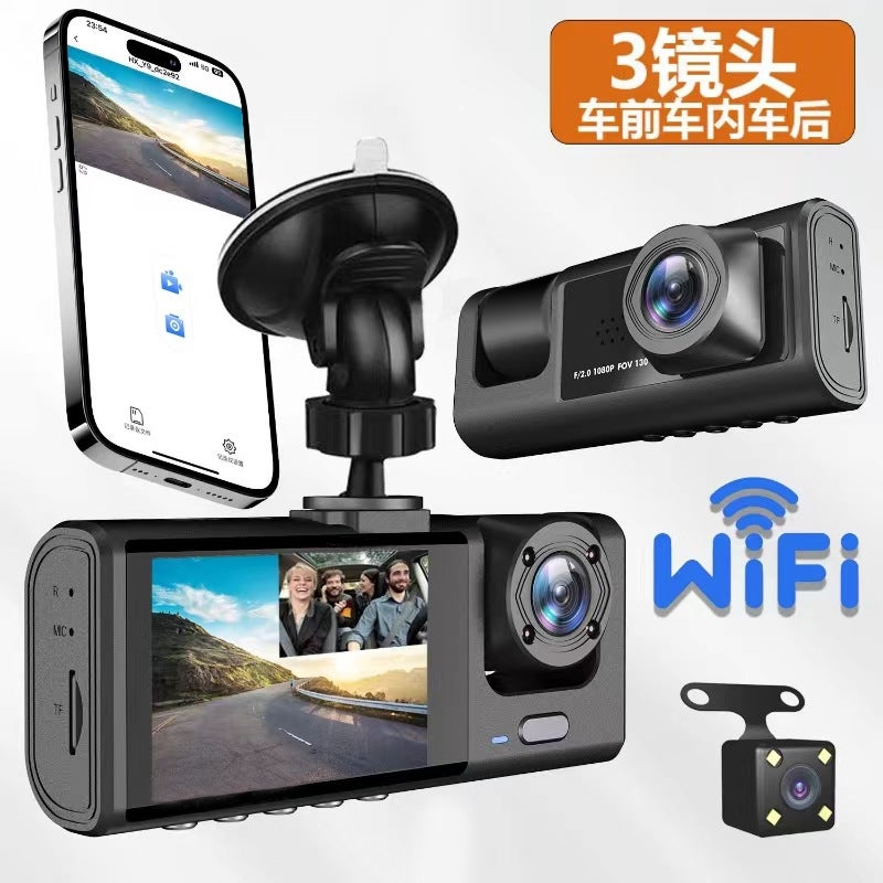 C309 Three-Lens Dash Cam With Wifi, Mobile Phone Connectivity, High-Definition Triple Recording, Front, Interior, And Rear Loop Recording - Image 2