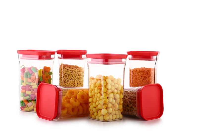 Machak Plastic Unbreakable Air Tight Food Storage Jar Kitchen Container Set (Red, 4 Pc) - Image 2