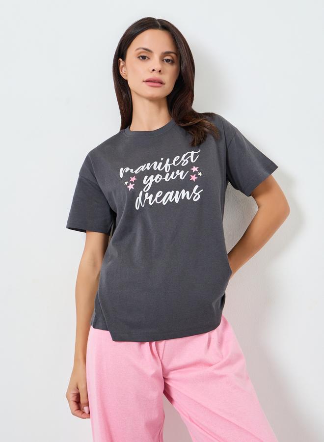 Styli Slogan Print Cotton T-Shirt and Solid Pyjama Set - Image 2