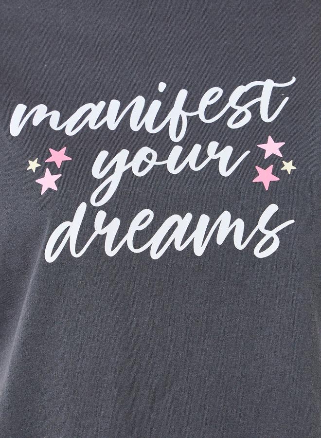 Styli Slogan Print Cotton T-Shirt and Solid Pyjama Set - Image 3