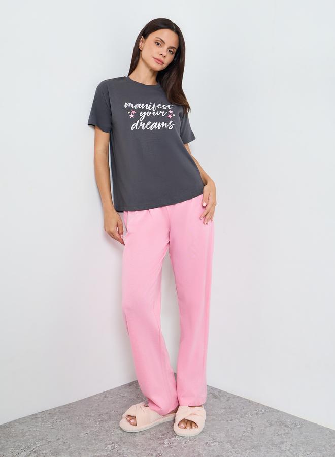 Styli Slogan Print Cotton T-Shirt and Solid Pyjama Set - Image 1