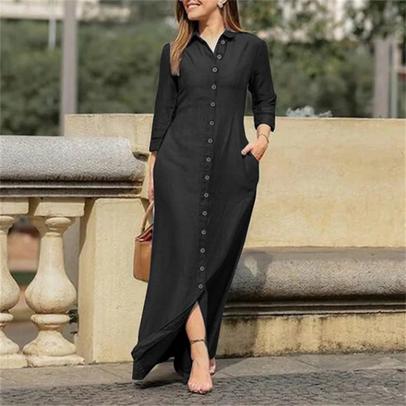 2026 New Long Dress with Shirt Collar, Pocket, and A-Line Skirt - Plus Size Casual Denim Dress - Image 4