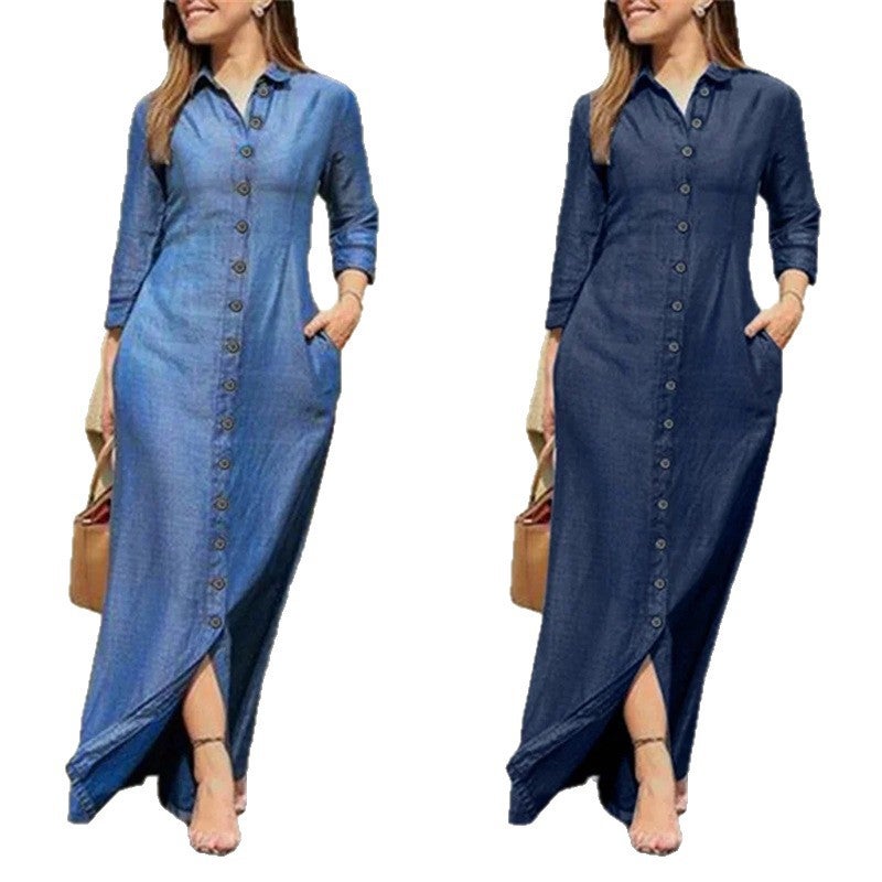 2026 New Long Dress with Shirt Collar, Pocket, and A-Line Skirt - Plus Size Casual Denim Dress - Image 5