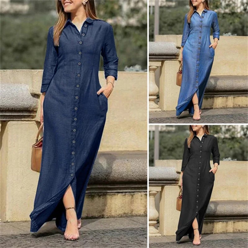 2026 New Long Dress with Shirt Collar, Pocket, and A-Line Skirt - Plus Size Casual Denim Dress - Image 2