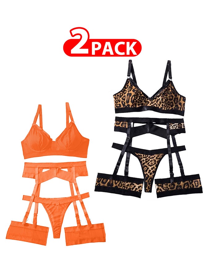 MARGOUN 2 Pack Medium Size Women Sheer Mesh Garter Lingerie Set Strappy Teddy Babydoll Bra and Panty with Leg Ring 4 Piece Lingerie Set - Image 1