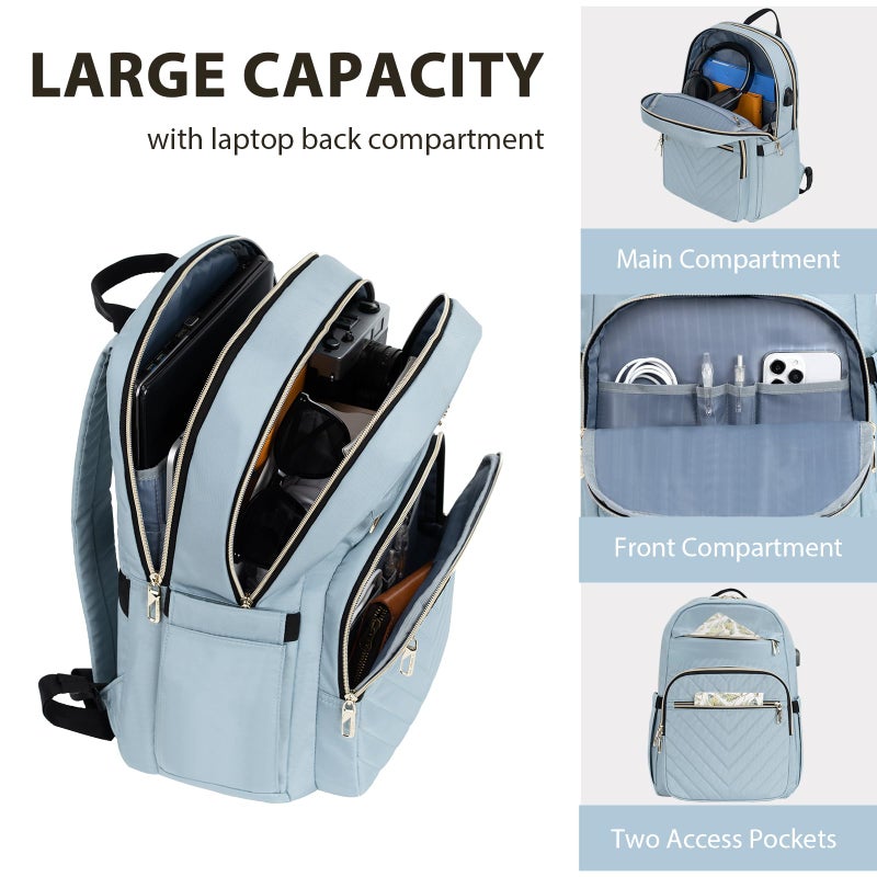 VANKEAN 15.6 Inch Laptop Backpack for Women Work Laptop Bag Fashion with USB Port, Waterproof Backpacks Stylish Travel Bags Casual Daypacks for College, Business, Light Blue - Image 5