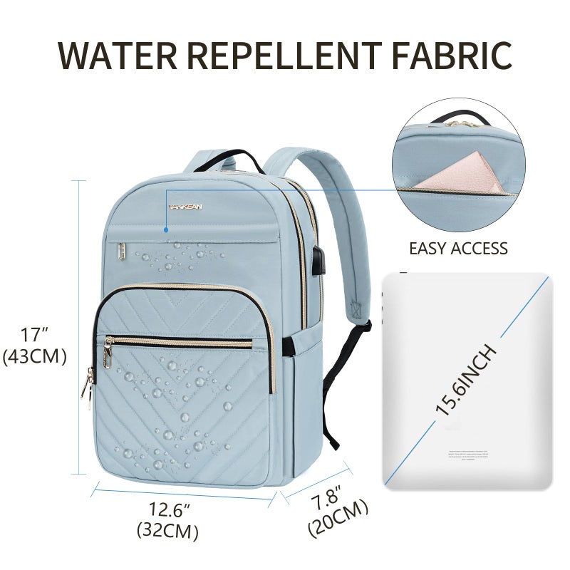 VANKEAN 15.6 Inch Laptop Backpack for Women Work Laptop Bag Fashion with USB Port, Waterproof Backpacks Stylish Travel Bags Casual Daypacks for College, Business, Light Blue - Image 2