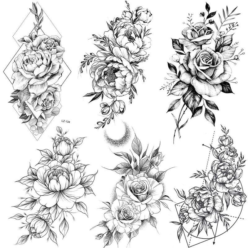 COKTAK 6 PiecesLot 3D Realistic Large Black Rose Flower Temporary Tattoos For Women Body Art Arm Big Peony Geometric Tattoo Stickers Adults Fake Waterproof Tatoo Legs Sketch Sexy Girl Peach Lily