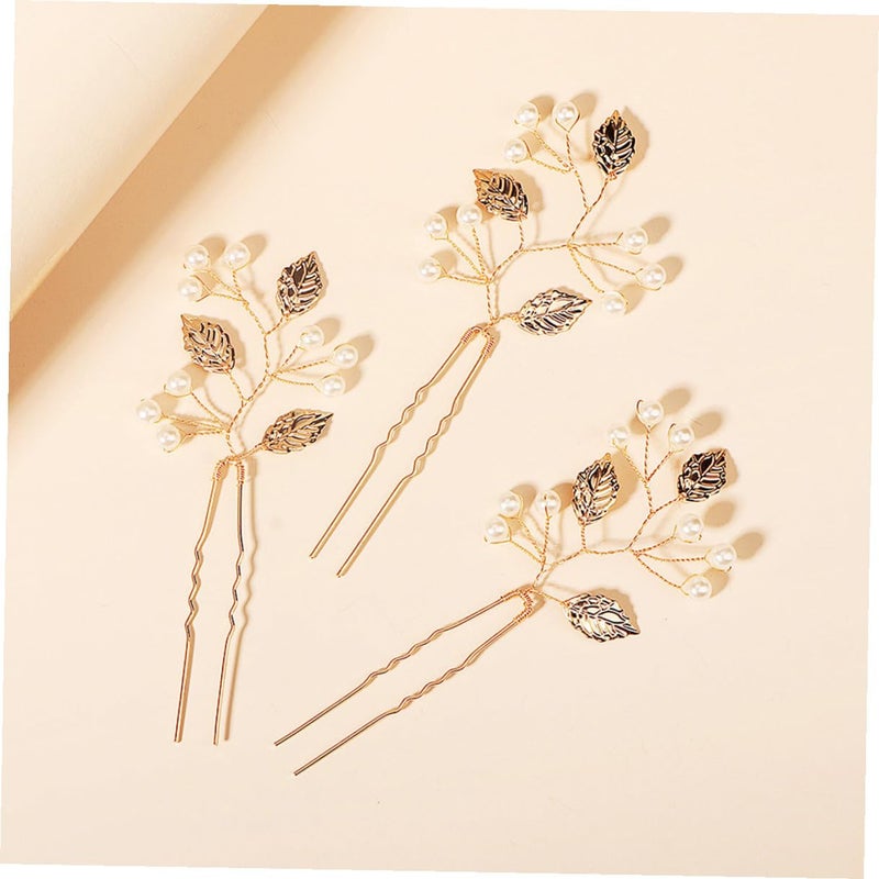 Vintage Pearl U Shaped Hairpins 3 Pcs With Leaves Design For Women Wedding Hairstyles - Image 5