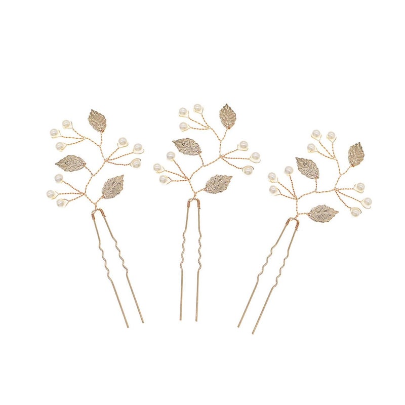 Vintage Pearl U Shaped Hairpins 3 Pcs With Leaves Design For Women Wedding Hairstyles - Image 2