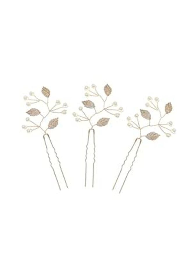 Vintage Pearl U Shaped Hairpins 3 Pcs With Leaves Design For Women Wedding Hairstyles - Image 1