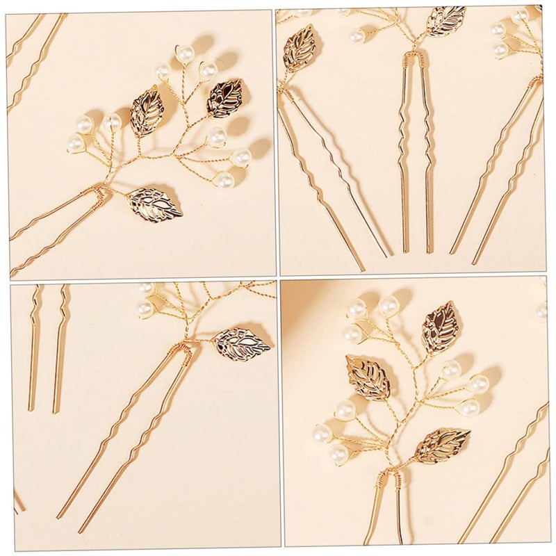 Vintage Pearl U Shaped Hairpins 3 Pcs With Leaves Design For Women Wedding Hairstyles - Image 4