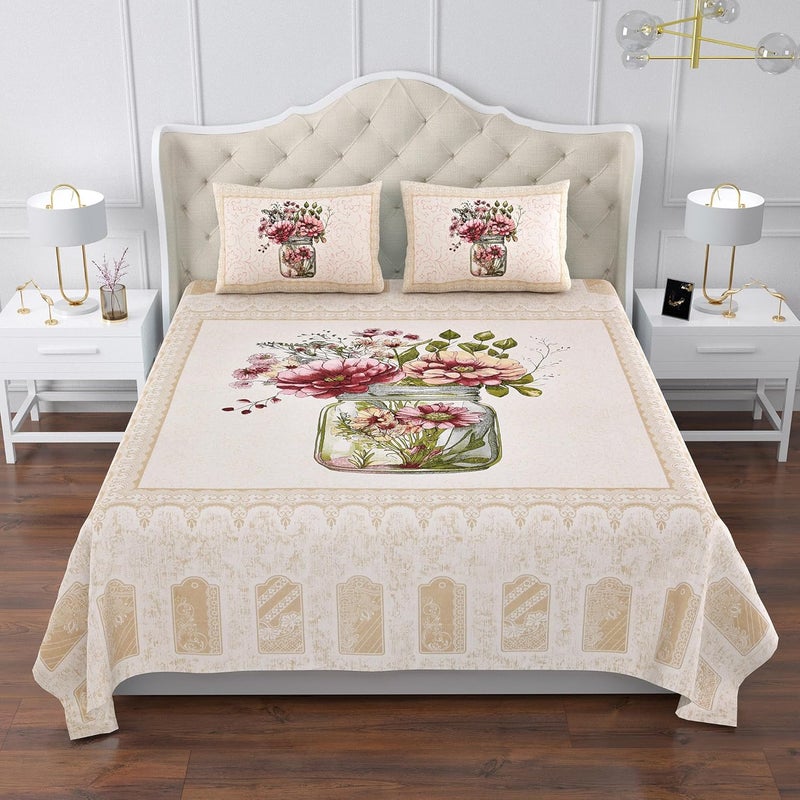 Kuber Industries Kuber Industries Double Bedsheet with 2 Pillow Covers 160 TC Premium Cotton Bedsheet for Double Bed Bedsheet for Living RoomHome Hotels Photo Frame Flower Pot 100x108 Inch Cream  - Image 1