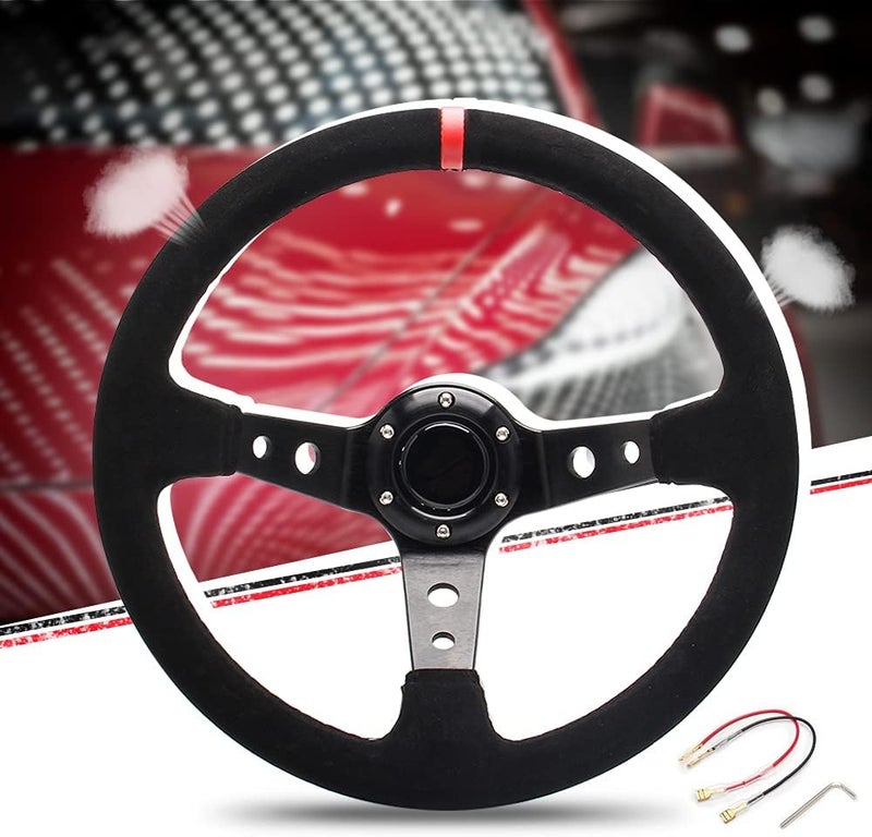 WENJTP 14" 350mm Deep Dish Steering Wheel for Sport Racing - Suede with Horn Button, Red - Image 1