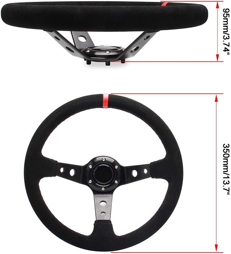 WENJTP 14" 350mm Deep Dish Steering Wheel for Sport Racing - Suede with Horn Button, Red - Image 3
