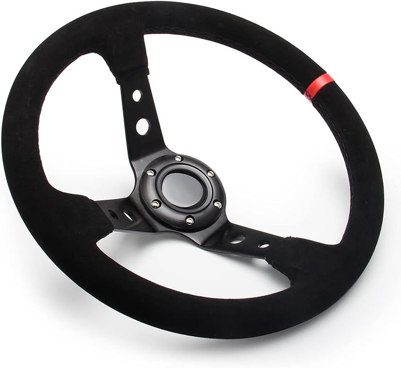 WENJTP 14" 350mm Deep Dish Steering Wheel for Sport Racing - Suede with Horn Button, Red - Image 2