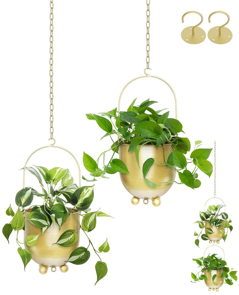 AceList Gold Hanging Planters for Indoor Plants, Set of 2-4.5 inch Metal Plant Hangers from Ceiling or Wall, Modern Boho Window Flower Pots, Pothos, Ivy - No Drainage Hole - Image 1
