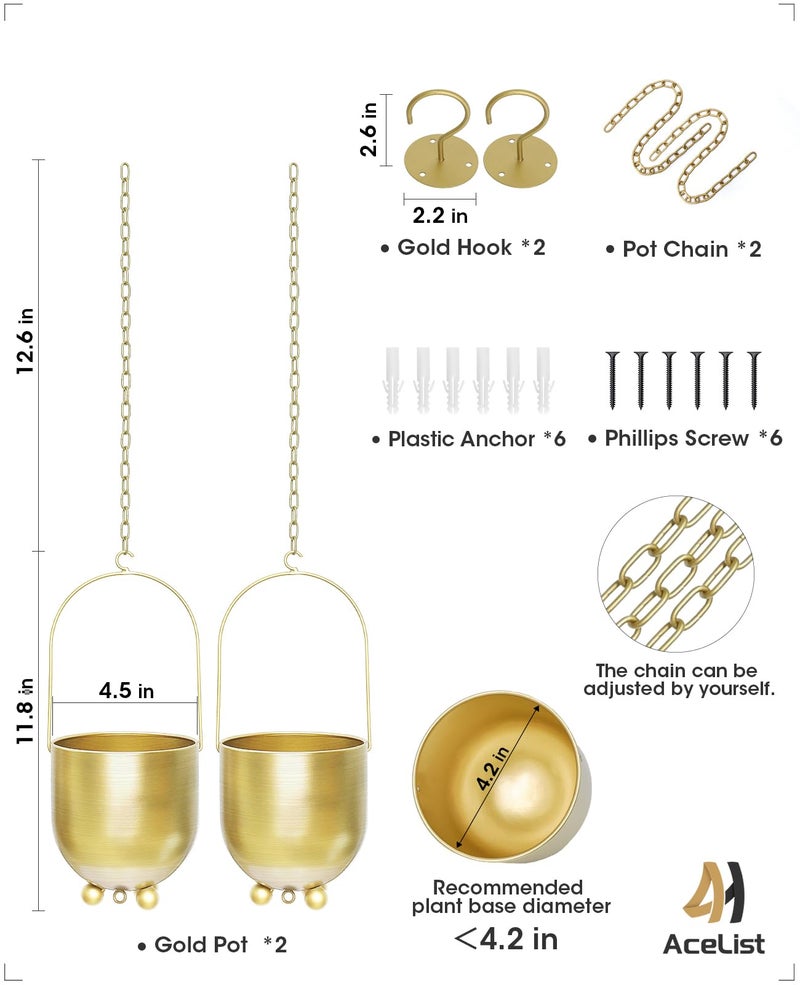 AceList Gold Hanging Planters for Indoor Plants, Set of 2-4.5 inch Metal Plant Hangers from Ceiling or Wall, Modern Boho Window Flower Pots, Pothos, Ivy - No Drainage Hole - Image 2