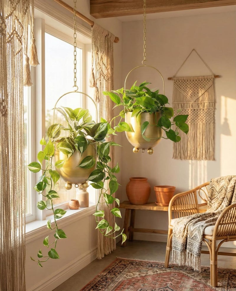 AceList Gold Hanging Planters for Indoor Plants, Set of 2-4.5 inch Metal Plant Hangers from Ceiling or Wall, Modern Boho Window Flower Pots, Pothos, Ivy - No Drainage Hole - Image 5