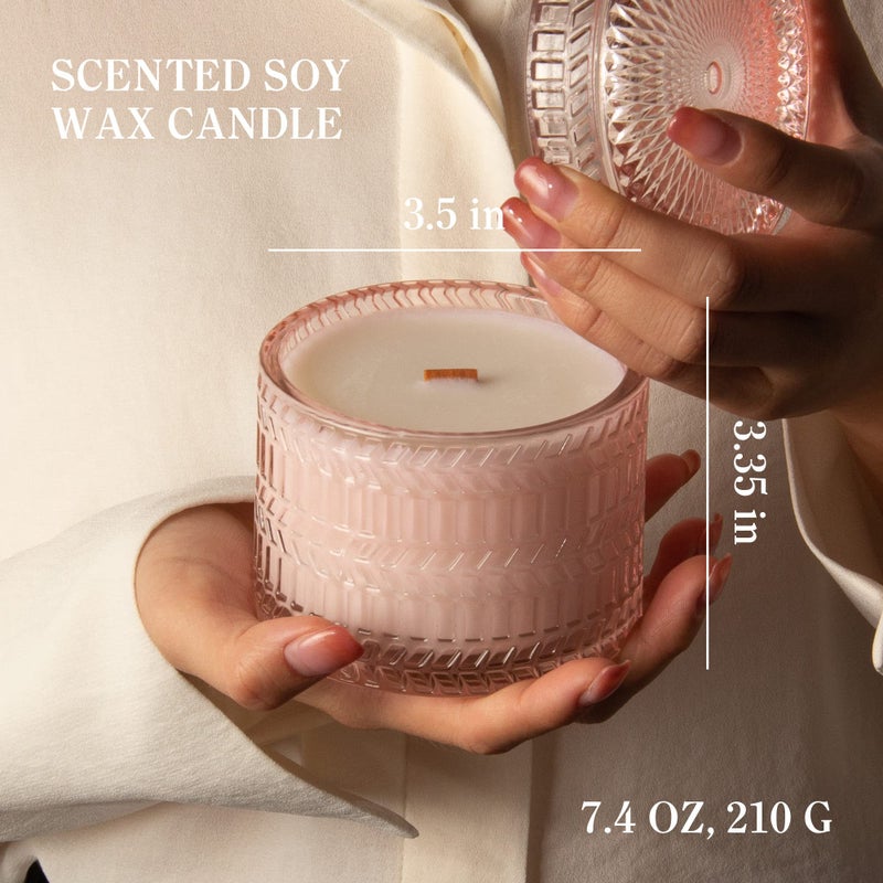 Hidden Label Rose&Sandalwood Scented Candles  7.4 Oz Wood Wick Soy Candles  Long Time Burn Time Pink Glass Jar Decorative Candles  Candles Gifts For Women - Image 3