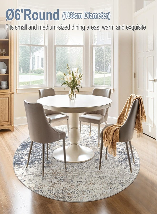DMOYEST 6ft Round Area Rug Living Room Rugs - 6x6 Washable Large Soft Indoor Modern Abstract Low Pile Rug Carpet for Bedroom Dining Room Farmhouse Home Office - Beige Blue - Image 3