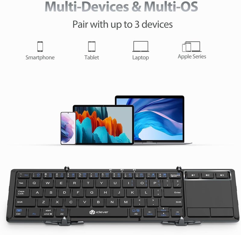 iClever Foldable Keyboard with Touchpad, BK08 Portable Tri-Folding Bluetooth Keyboard for iPad, iPhone, Windows, Mac & Android — Connect Up to 3 Devices - Image 2