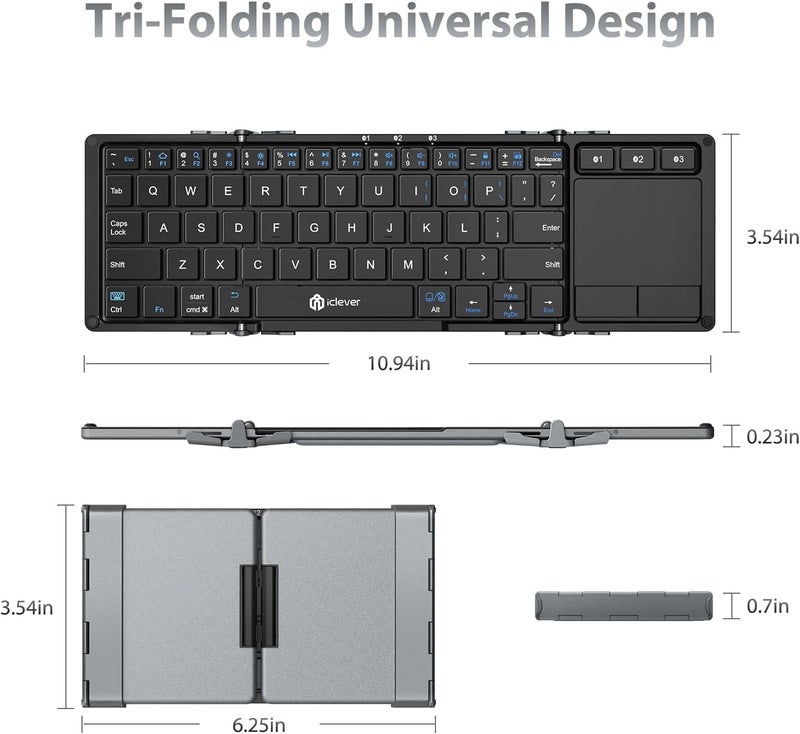 iClever Foldable Keyboard with Touchpad, BK08 Portable Tri-Folding Bluetooth Keyboard for iPad, iPhone, Windows, Mac & Android — Connect Up to 3 Devices - Image 5
