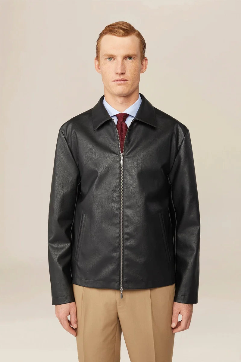 Doppelganger Men's regular fit jacket lined in hammered faux leather - Black