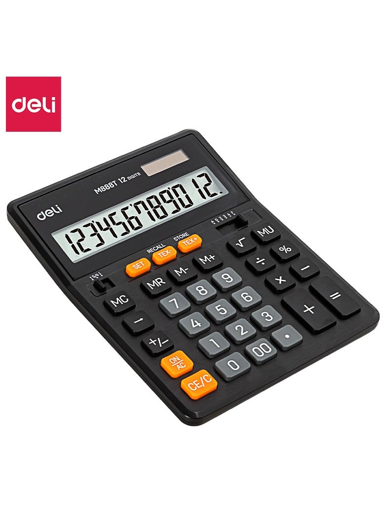 Deli Deli EM888T 12-Digit Calculator - Solar/LR54 Battery Power, Tax Function, Black (1PCS/Color Box) - Compact Design for Office, School, Home & Business Use  - Image 1