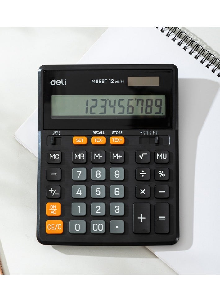 Deli Deli EM888T 12-Digit Calculator - Solar/LR54 Battery Power, Tax Function, Black (1PCS/Color Box) - Compact Design for Office, School, Home & Business Use  - Image 3