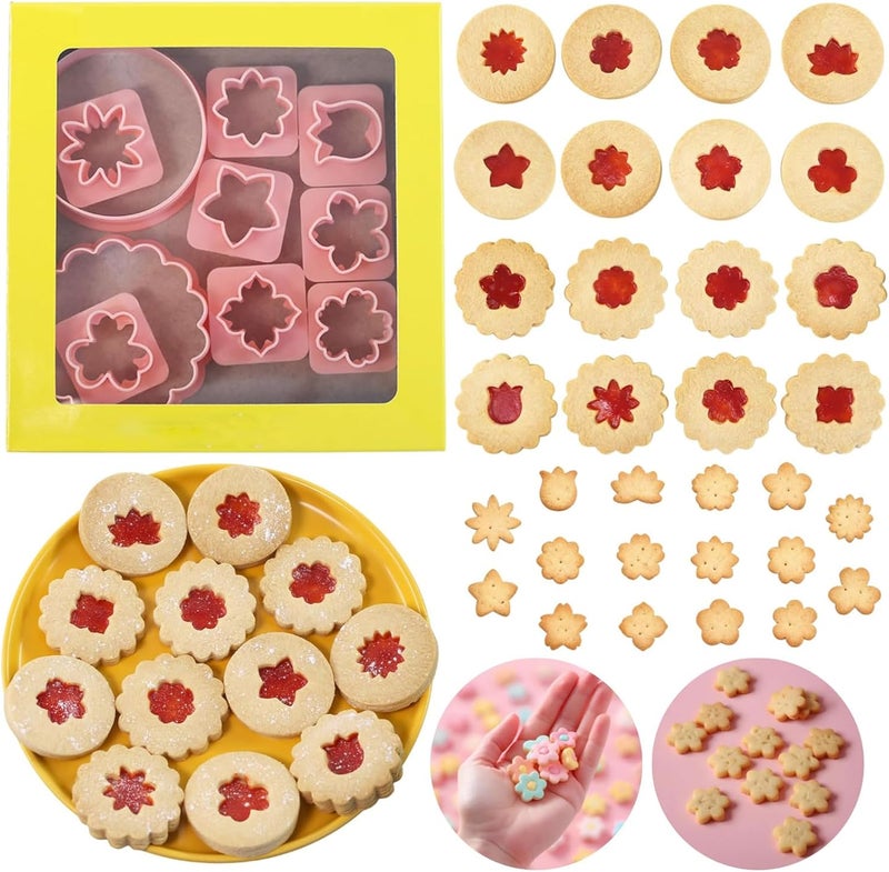 KASTWAVE Flower Linzer Cookie Cutters Set, 10 Pcs Plastic Mini Biscuit Cutters with Tulip & Clover Shapes, 32 Style Linzer Molds for Jam Sandwich Cookies, Party Baking Tools - Image 1
