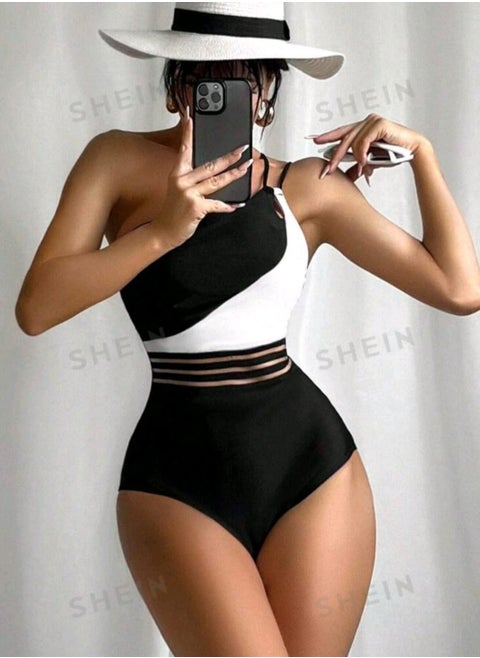 SHEIN Swim Summer Beach Asymmetric Color Block One Piece