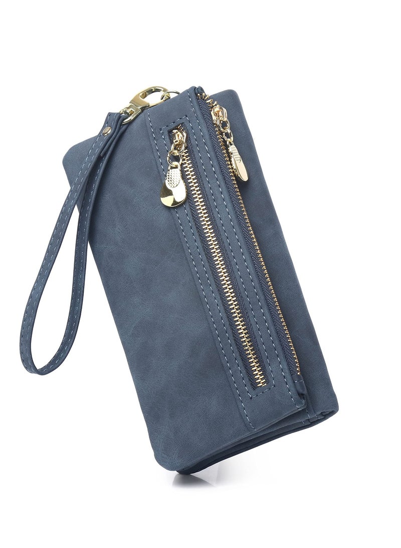 SYOSI Women's Soft Leather Wallet, Multiple Card Slots Purse, Large Capacity Clutch Bag with Zipper and Wrist Strap, Blue  - Image 1